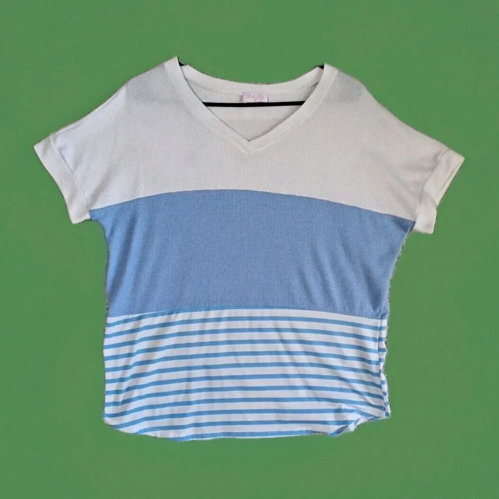 Pink Lily Summer Blouse Small S Blue White Striped Coastal Vacation Top Cute